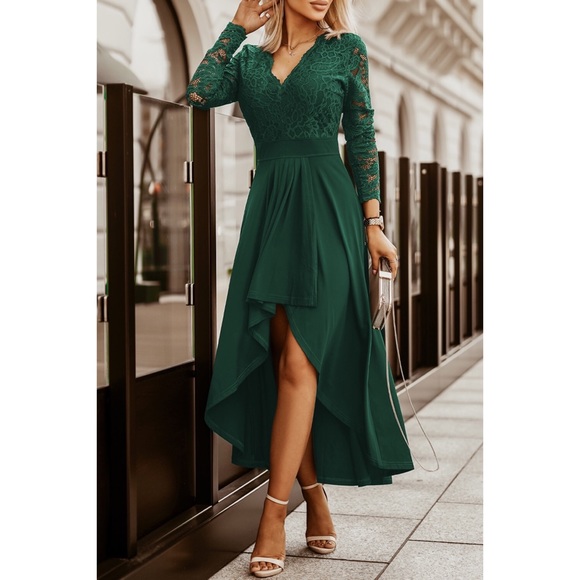 Dresses & Skirts - Green V-neck Long Sleeve Lace Backless High
and Low Hem Evening Dress